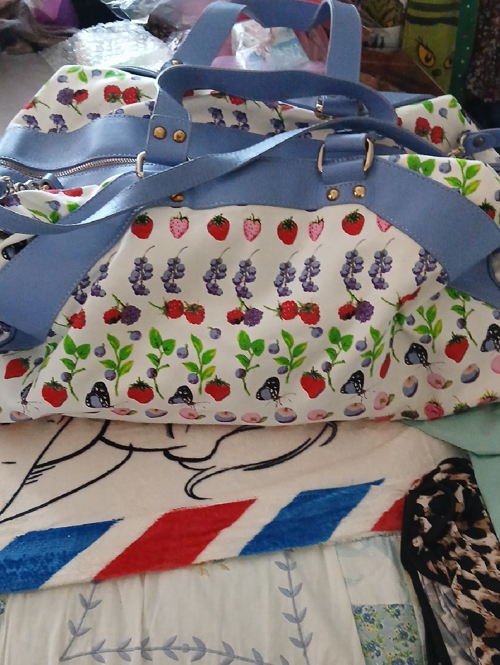 Versace White Floral Strawberry Print Travel Bag with Light Blue Straps